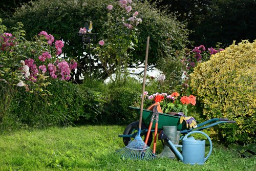 A well-maintained garden scene in a residential outdoor space featuring a lush, green lawn in the foreground with even grass density and healthy growth. To the left, vibrant pink and white flowering bushes add colour and visual interest, while a small shrub with pink blossoms is situated slightly behind. The background includes taller trees and dense foliage, creating a natural boundary and shaded environment. On the right side, a large, rounded yellow-green bush provides a contrasting colour, and a paved or gravel area is partially visible behind the shrubs. In the middle ground, gardening tools and supplies such as a blue watering can, a blue garden rake, a garden fork, a small hand trowel, and a wheeled garden cart filled with additional tools and supplies are arranged neatly, indicating recent or ongoing garden maintenance. The scene is well-lit by natural daylight, suggesting a clear weather conditions ideal for outdoor gardening activities, and overall, the setting reflects a tidy and flourishing garden space typical of residential landscaping and lawn care services by Landscapers Crystal Palace in the Crystal Palace area within postal code sectors around SE19.